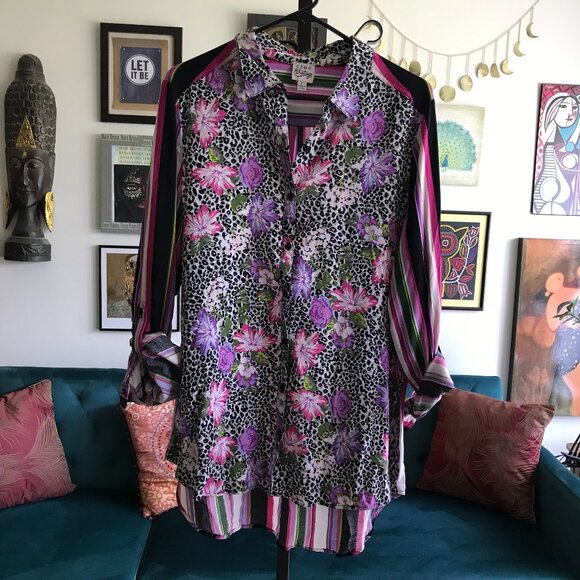 COMO VINTAGE size L Funky Purple & Pink Floral Striped Animal Print Tunic Blouse - Picture 1 of 4